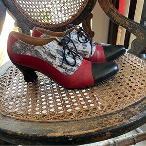 John Fluevog Red, Black & White Lace-Up Colorblock Heels